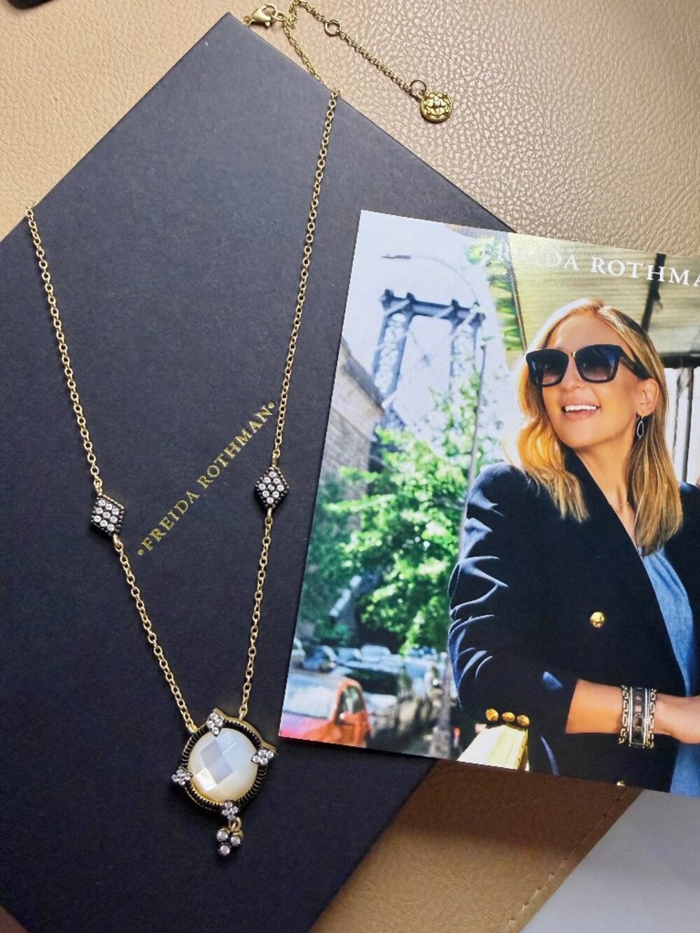 FREIDA ROTHMAN - Mirror Stone Pendant Necklace - MOP Black and Gold